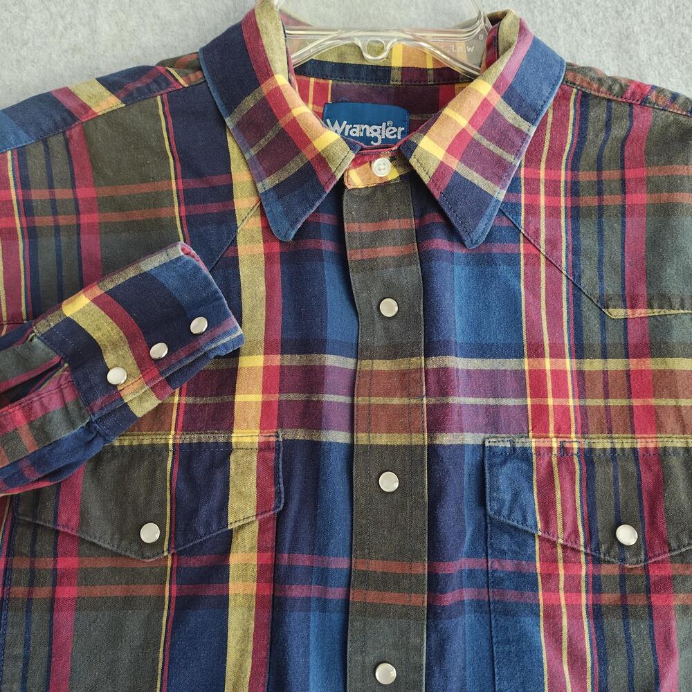 Vintage Wrangler Western Shirt Mens XL Blue Plaid Pearl Snap Long Sleeve Cowboy